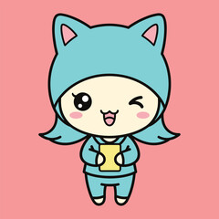 Cute cartoon character with blue cat ears holding a yellow book against a pink background