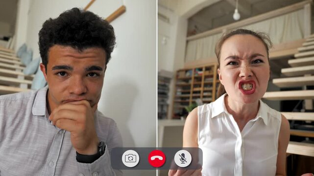 Three people share their feelings during a team call. One person looks bored while the others show different emotions in a split screen setup.