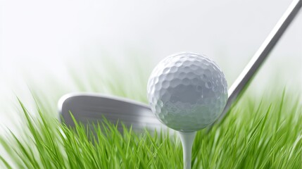 A shiny golf ball rests on a tee surrounded by tall grass. A golf club hovers nearby, poised for a swing in bright sunlight, ready for the next shot