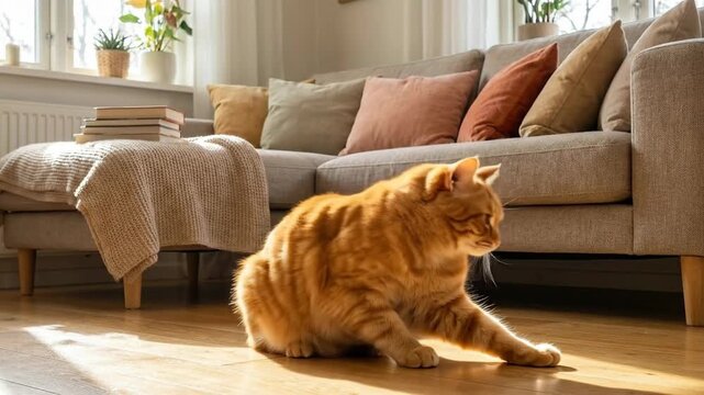 Cozy Living Room Scene with a Fluffy Orange Cat Lounging in the Sunlit Room