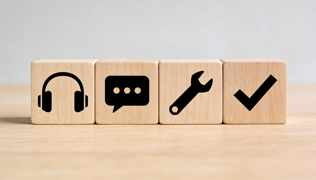 Four wooden blocks in row with headset chat wrench and check icons representing customer support technical service troubleshooting maintenance and verified solution on light background
