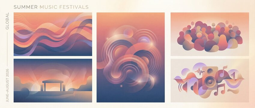 Vibrant summer music festivals showcasing colorful designs and lively gatherings in a captivating artistic display