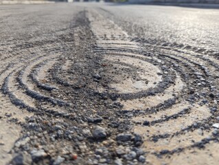 Close view of a road with tire imprints forming circular patterns on the surface, captured in bright daylight. Dust and gravel are visible around the marks