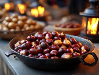 Obraz premium Rustic Cast Iron Pan Overflowing with Freshly Harvested Chestnuts, Warm Autumn Still Life, Cozy Seasonal Food Photography