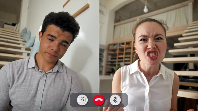 Two people are having a split screen online call. A man looks bored while a woman shows different emotions like anger and surprise. They are in separate locations.