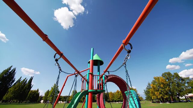 Colorful playground equipment under blue sky with fluffy clouds  