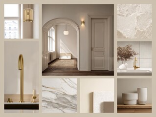 This moodboard features a harmonious blend of modern and classic interior design elements, highlighting natural materials and elegant fixtures
