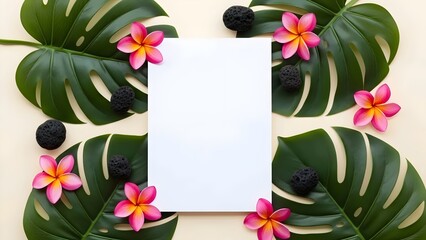 Top view of blank white paper surrounded by green leaves and frangipani flowers for summer mockup.