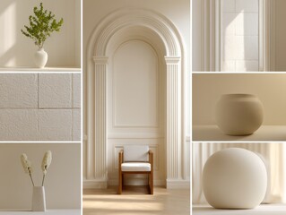 This visual collage features modern classic design elements in soothing neutral tones. Each piece highlights simplicity and elegance in a calm interior space