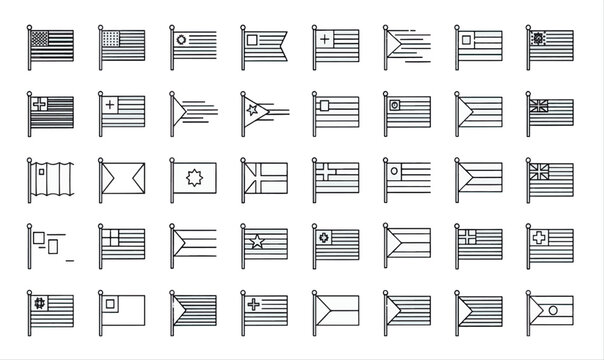 Print Minimalist Line Art World Flags Icon Set for International Travel and Global Business