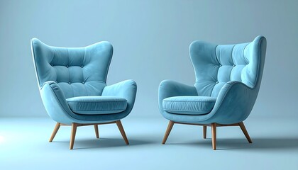 Two plush, light-blue, mid-century modern armchairs, featuring wooden legs, against a simple backdrop