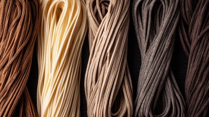 Assorted colored noodles arranged vertically in various shades.