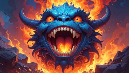 A fantastical blue monster head, horns, and sharp teeth, surrounded by blazing fire