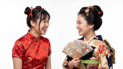 笑って話す日本人女性と中国人女性