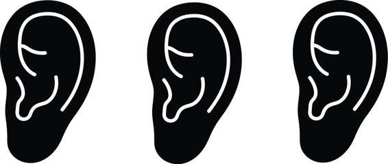 A set of black and white illustrations of human ears on a plain background