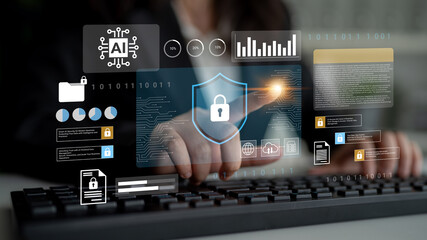 A female hand interacts with a holographic display showcasing cybersecurity and artificial intelligence concepts, emphasizing the fusion of technology and data protection. Gantry