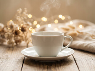 Fototapeta premium Hot cup of coffee with steam on wooden table with sparkling bokeh lights and dried flowers in cozy warm atmosphere.