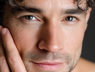 Obraz premium Intense Portrait of a Young Man with Focused Gaze, Close-Up, Studio Lighting, Minimalist Background.