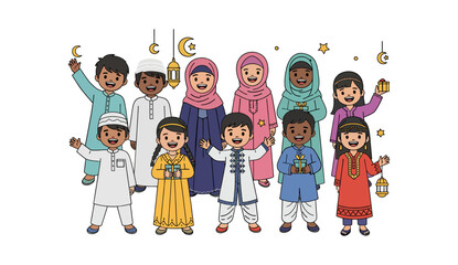 Diverse group of happy Muslim children celebrating Eid Mubarak