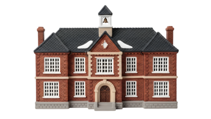 3d illustration of a red brick school building with a clock tower in transparent background