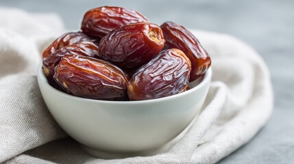 A white bowl filled with dates sits on a folded cloth