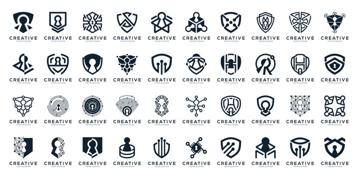 Set of Cyber Security logo collection with shield and keyhole for IT Security and Software Protection. Geometric abstract icon vector isolated on white background.