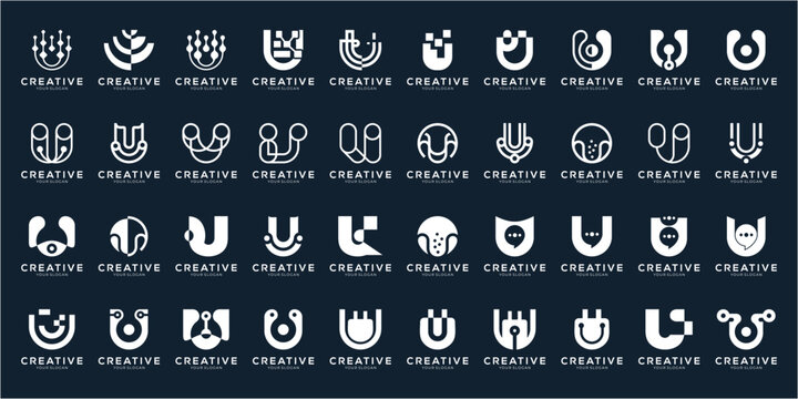 Set of Modern Letter U with Technology Logo Design. Abstract Geometric vector for Business, Tech, and Software Industry. Creative icons Isolated on black background.