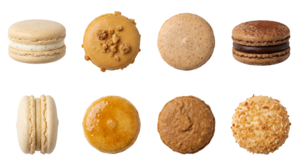Assorted macaron set including vanilla, caramel, coffee, chocolate, coconut, and toasted flavors isolated. French patisserie dessert collection for bakery and confectionery menus.