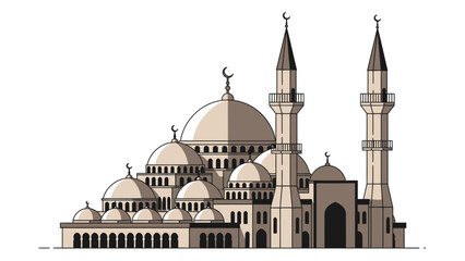 Naklejka premium Grand Mosque Architecture Illustration with Domes and Minarets.