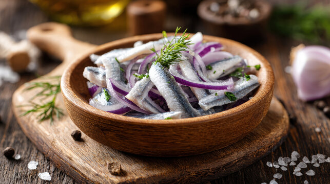 Traditional salted herring fish salad with sliced red onions and fresh green dill served in a rustic wooden bowl on a dark timber board with sea salt and black peppercorns in a cozy kitchen setting.