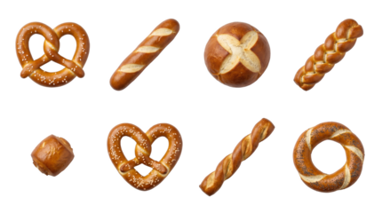 Fresh bakery bread set including pretzel, baguette, braided loaf, bun, and poppy seed roll isolated. Traditional german and european pastry collection.