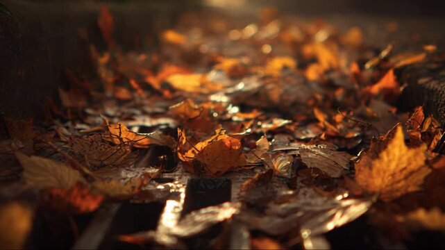 Autumn leaves scattered on ground with sunlight filtering through  