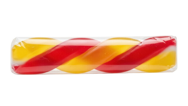 Wrapped red and yellow twisted candy stick isolated PNG, hard candy treat for holidays and celebrations on transparent background