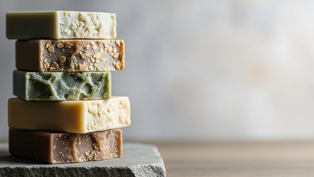 Stack of handmade natural soaps on stone with copy space