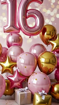 Celebratory display with pink and gold balloons highlighting sweet 16 theme