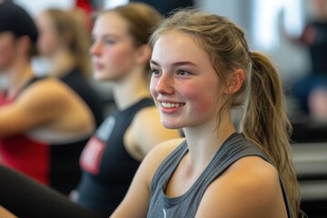 Smiling young woman participates in fitness training session in gym