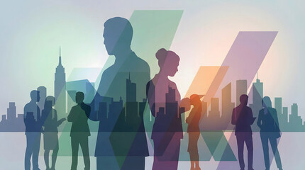 Visionary Business Team Silhouettes Against City Skyline with Colorful Geometric Overlays: Abstract Concept for Modern Corporate Culture and Success