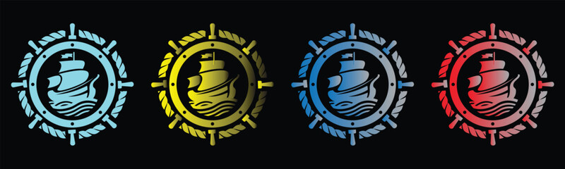 Colorful nautical ship and steering wheel logos with rope accents on a black background © MOHAMMADSHARIFUL