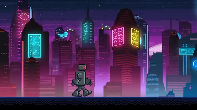 Pixel art robot walking through a futuristic cityscape at night. Represents the intersection of technology and urban life in a vibrant digital world