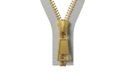Gold zipper PNG isolated on transparent background, clothing fastener for fashion design and garment construction projects
