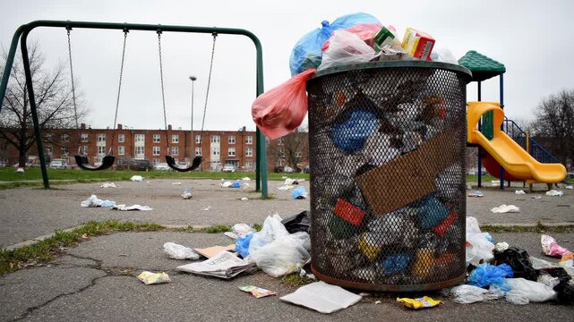 Trash bin overflows with litter near swing set in neighborhood playground. Area has scattered waste on ground. Concept of waste management, urban cleanup, community responsibility