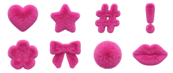 Pink faux fur set including heart, star, hashtag, exclamation mark, flower, bow, pompom, and lips isolated. Fluffy plush elements for fashion and decorative design.
