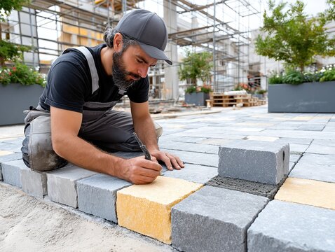 Construction Worker Laying Paving Stones: Close-Up of Landscape Installation and Brickwork Detail.