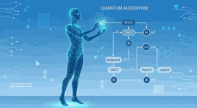 Quantum algorithm visualization showcasing holographic human interaction with digital technology