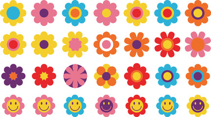 Collection of brightly colored retro stylized flower graphics showcasing diverse petal shapes and vibrant color combinations perfect for hippie themes