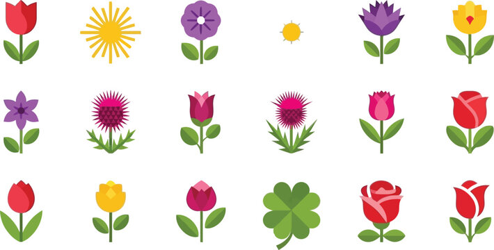 Collection of eighteen different stylized flat design floral icons featuring tulips roses thistles daisies clovers and sun symbols for spring themes