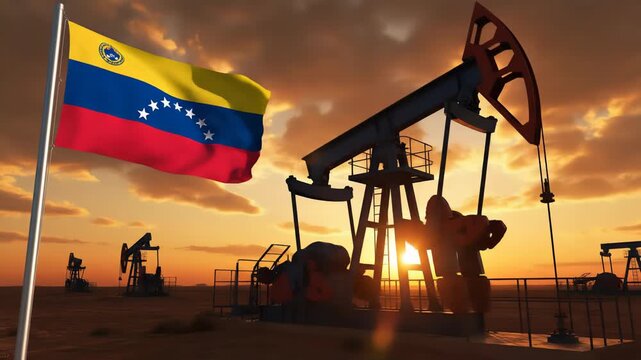 Symbolic imagery of petroleum extraction in a barren environment during twilight, featuring operational machinery and a fluttering national flag.