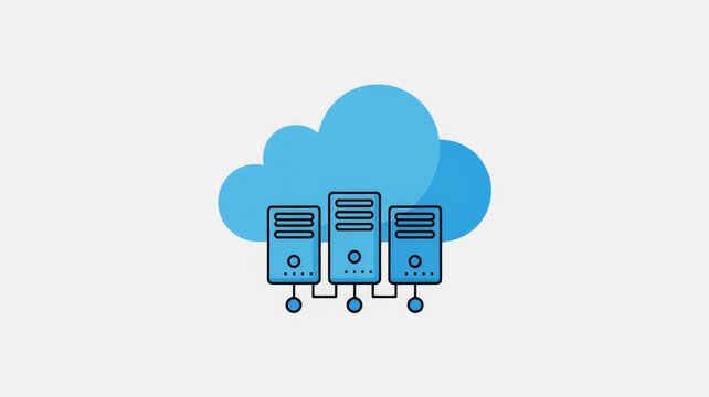 Cloud computing servers with data storage and download icon, flat vector illustration