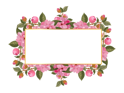 floral frame with pink flowers and green leaves border transparent background - Powered by Adobe