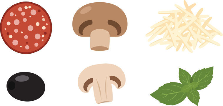 Flat vector set of 6 pizza ingredients pepperoni slice mushroom cheese shred olive and basil leaf